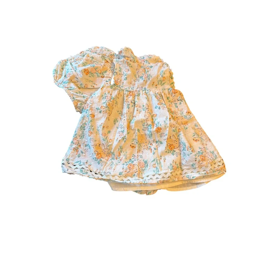 Haute Hippie Kids Dress Set Cream Floral Bunny Swiss Dot Lace 3-6M Sleeveless